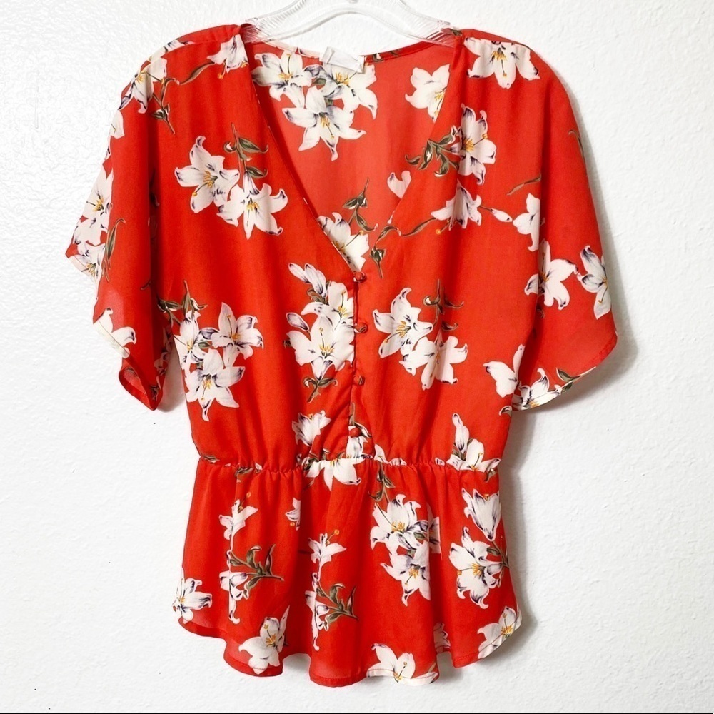 Sienna Sky Small Red Flower Small Women V-neck Polyester Blouse